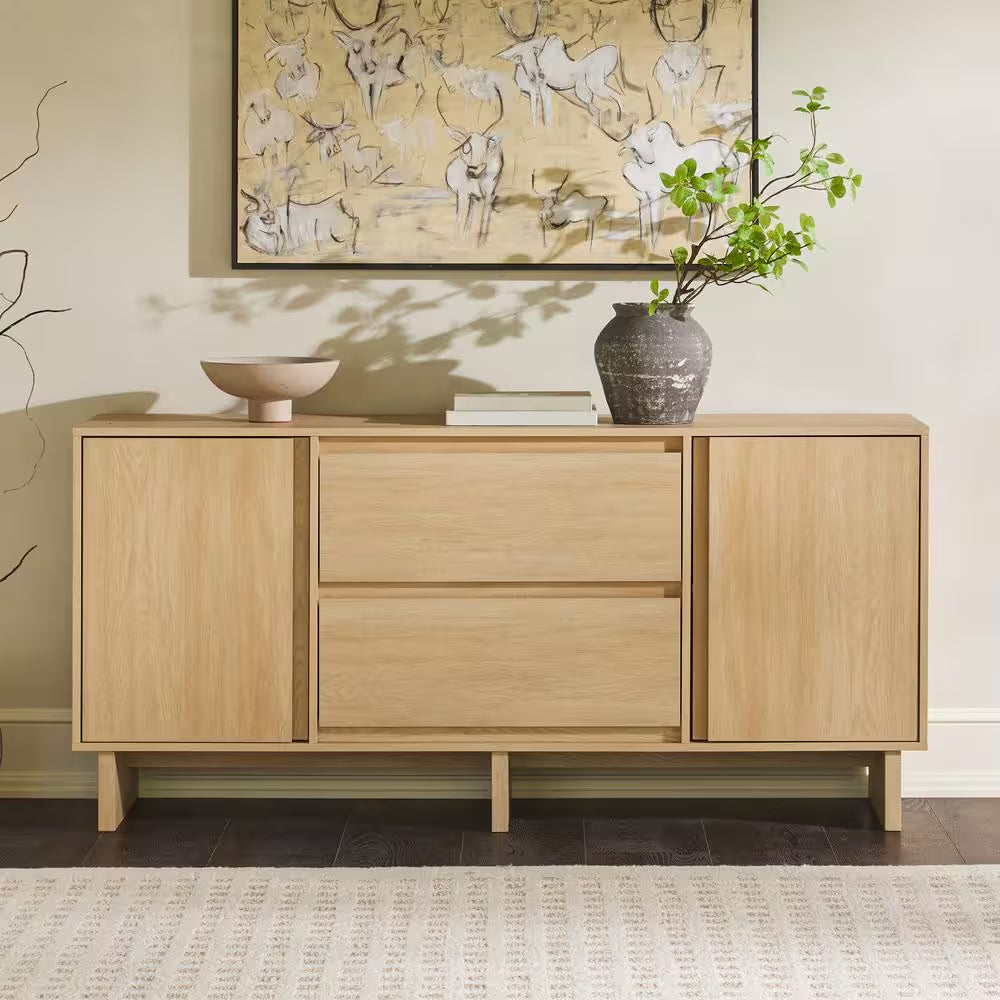Modern Coastal Oak Wood 63 In. Sideboard with Beveled Drawer Fronts