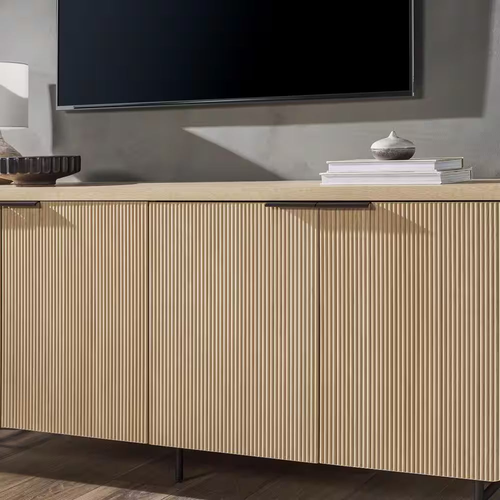 Coastal Oak MDF Wood and Metal 69 In. Modern Reeded 4-Door Sideboard