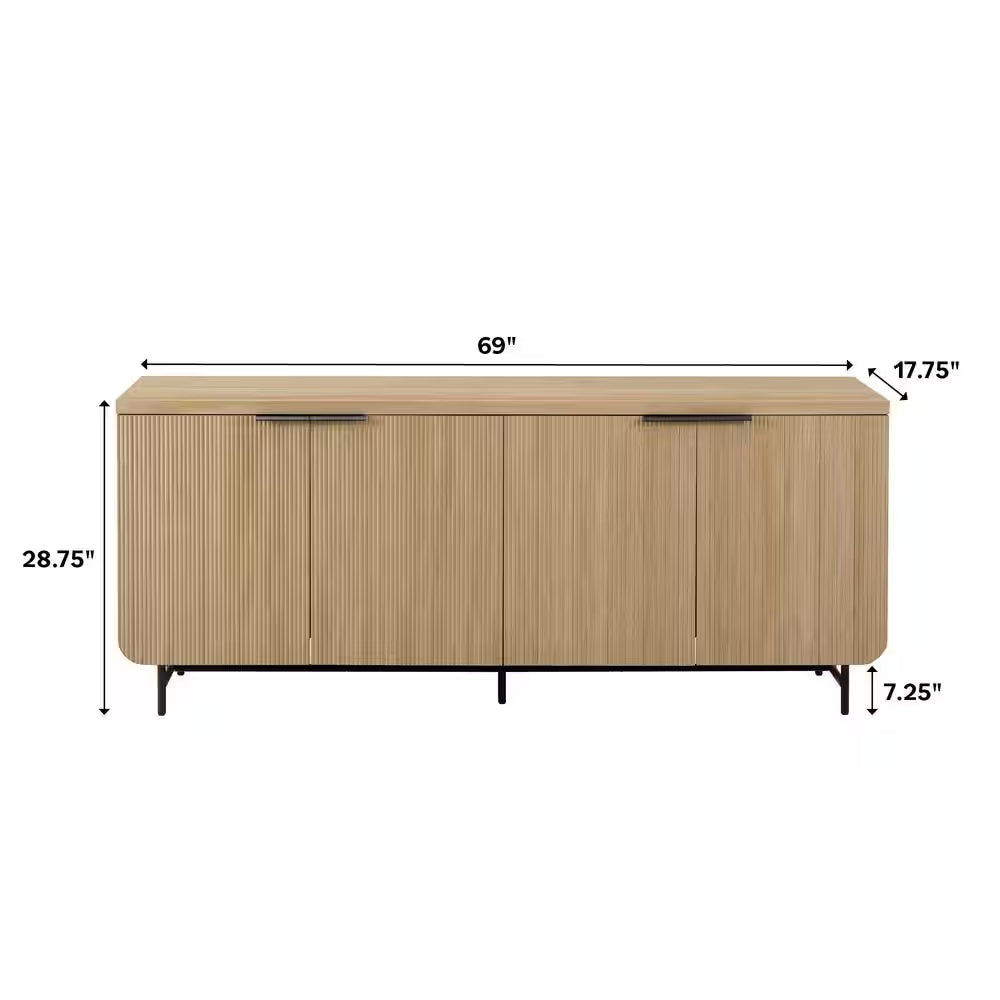 Coastal Oak MDF Wood and Metal 69 In. Modern Reeded 4-Door Sideboard