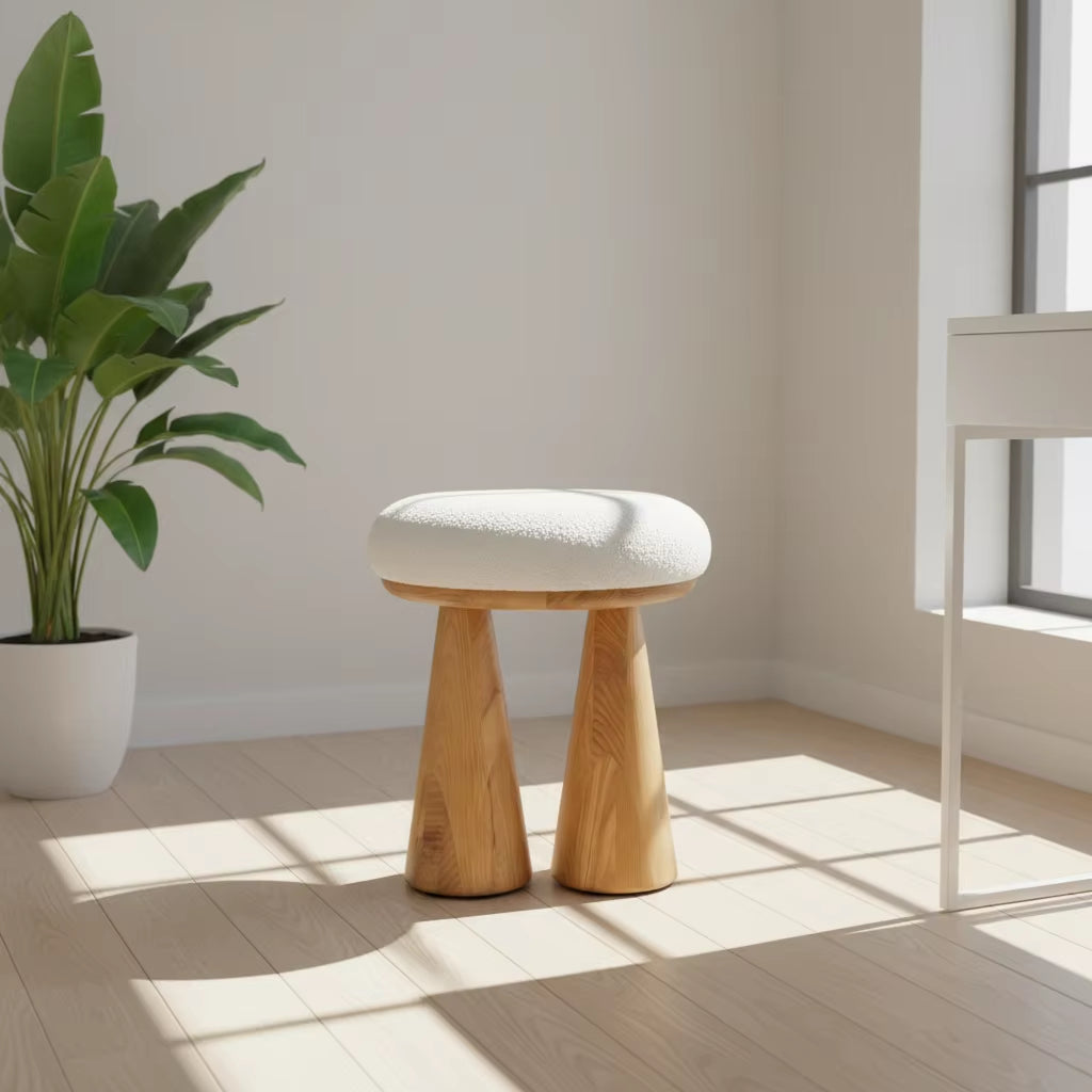 Disen FURNITURE Minimalist round Wood Base Bar Stool with Teddy Fabric Upholstery Seat for Home Kitchen Counter