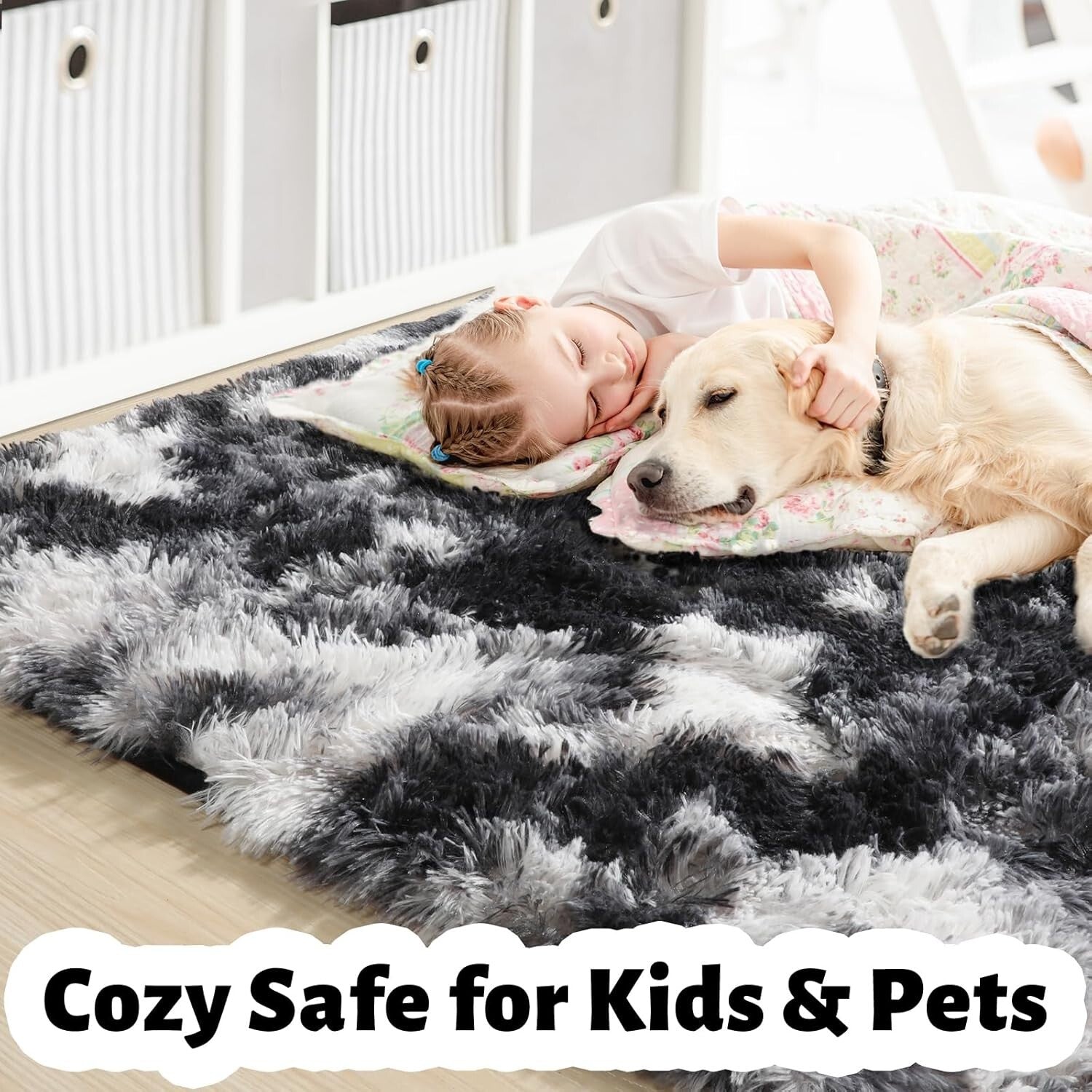 Area Rug for Bedroom,Fluffy Modern Rug for Living 4X6 Feet Black White Grey