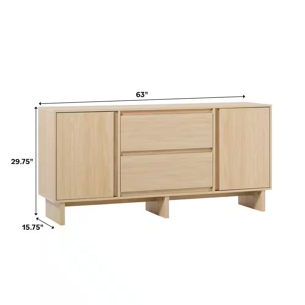 Modern Coastal Oak Wood 63 In. Sideboard with Beveled Drawer Fronts