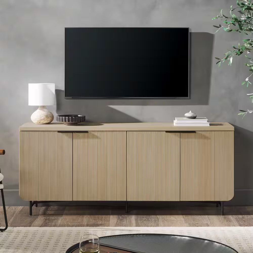 Coastal Oak MDF Wood and Metal 69 In. Modern Reeded 4-Door Sideboard