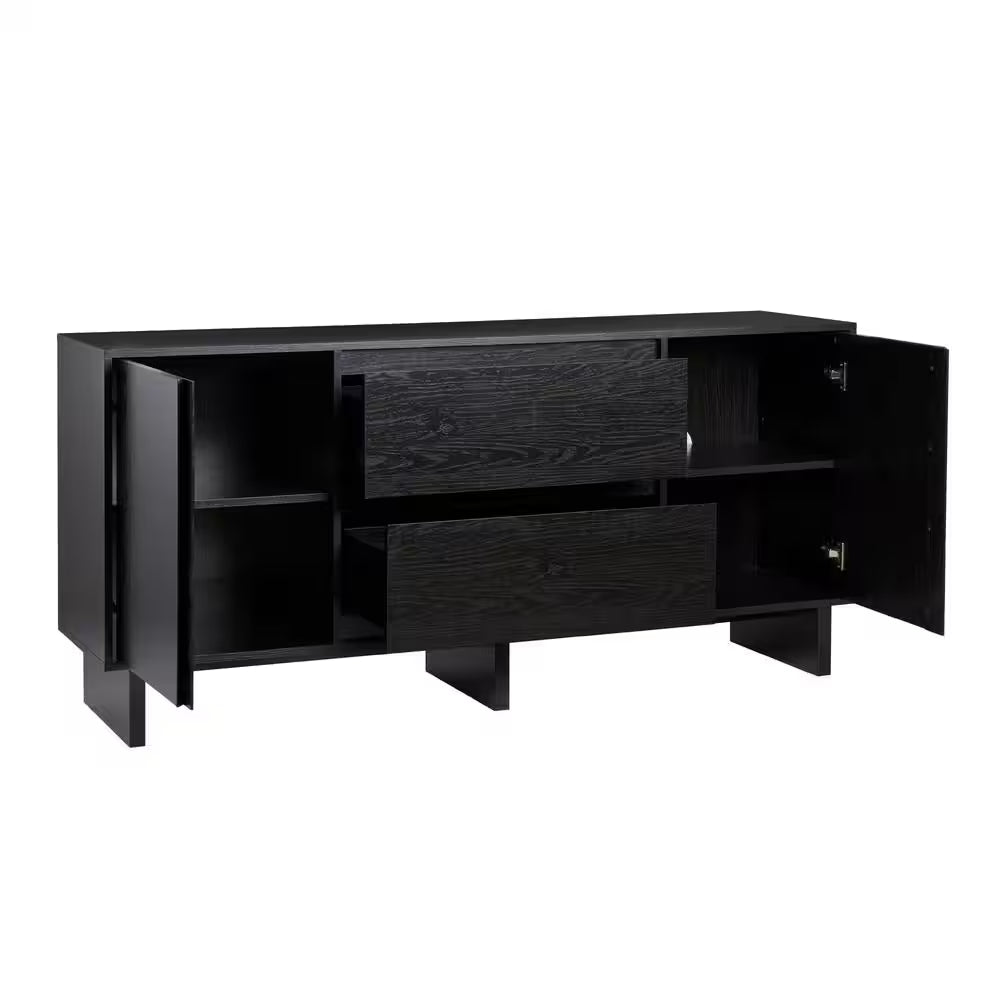 Modern Black Wood 63 In. Sideboard with Beveled Drawer Fronts