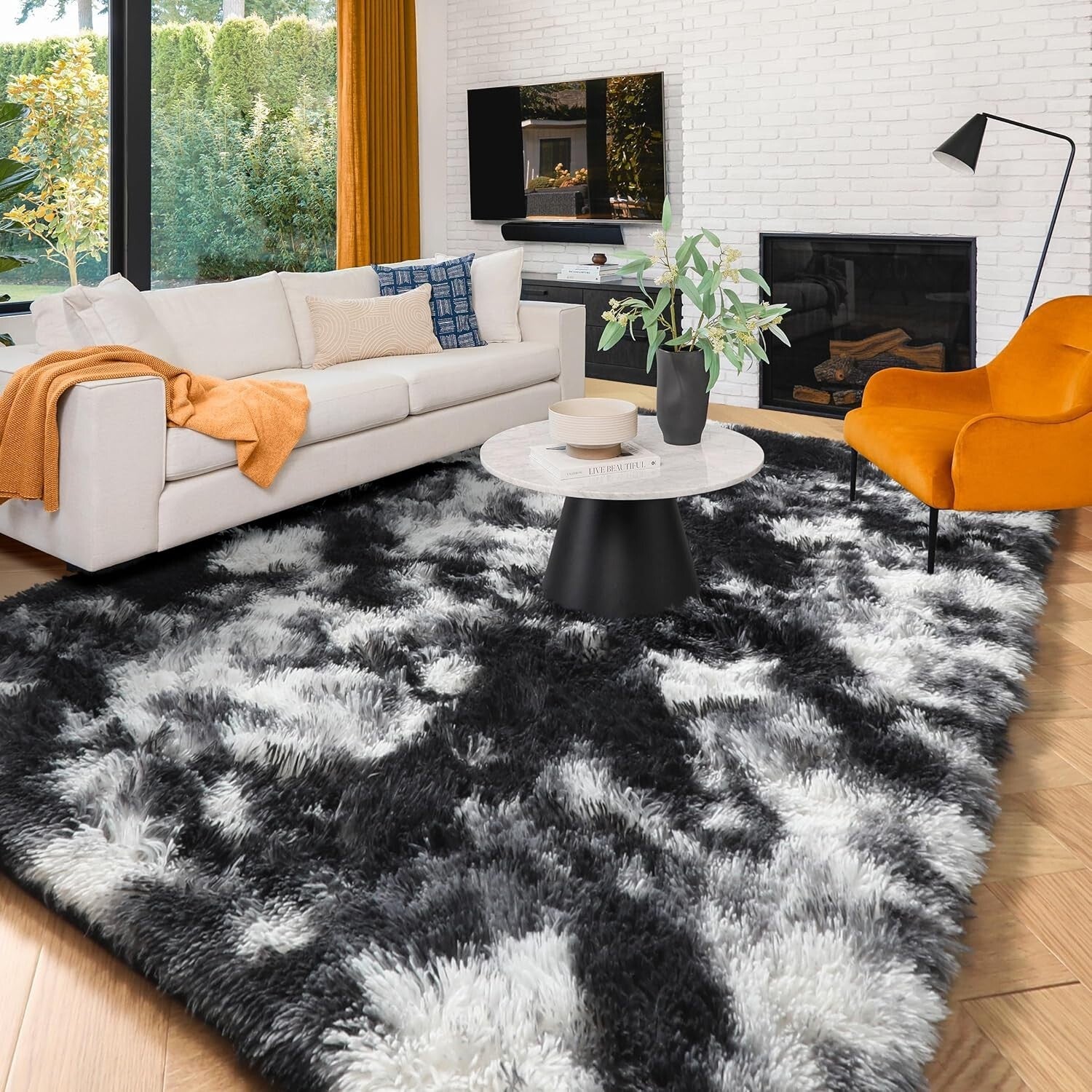 Area Rug for Bedroom,Fluffy Modern Rug for Living 4X6 Feet Black White Grey