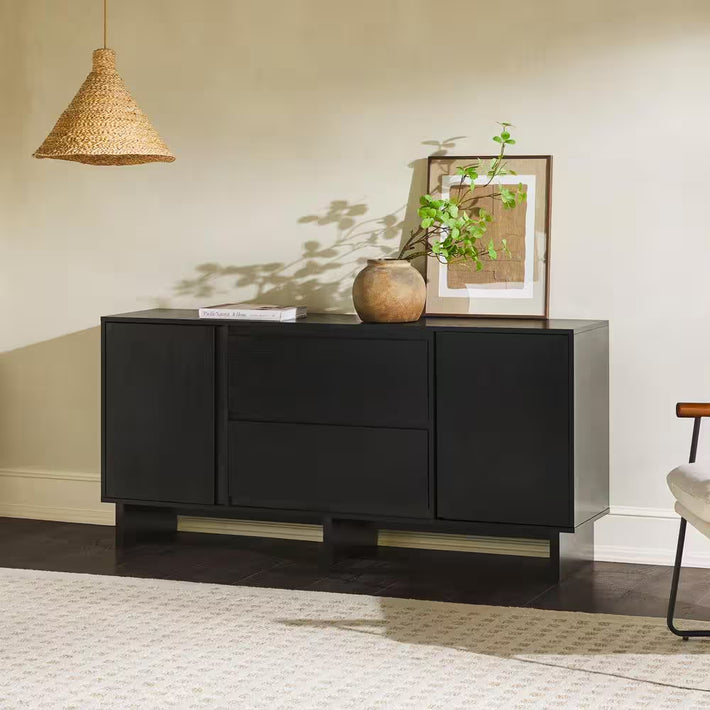 Modern Black Wood 63 In. Sideboard with Beveled Drawer Fronts