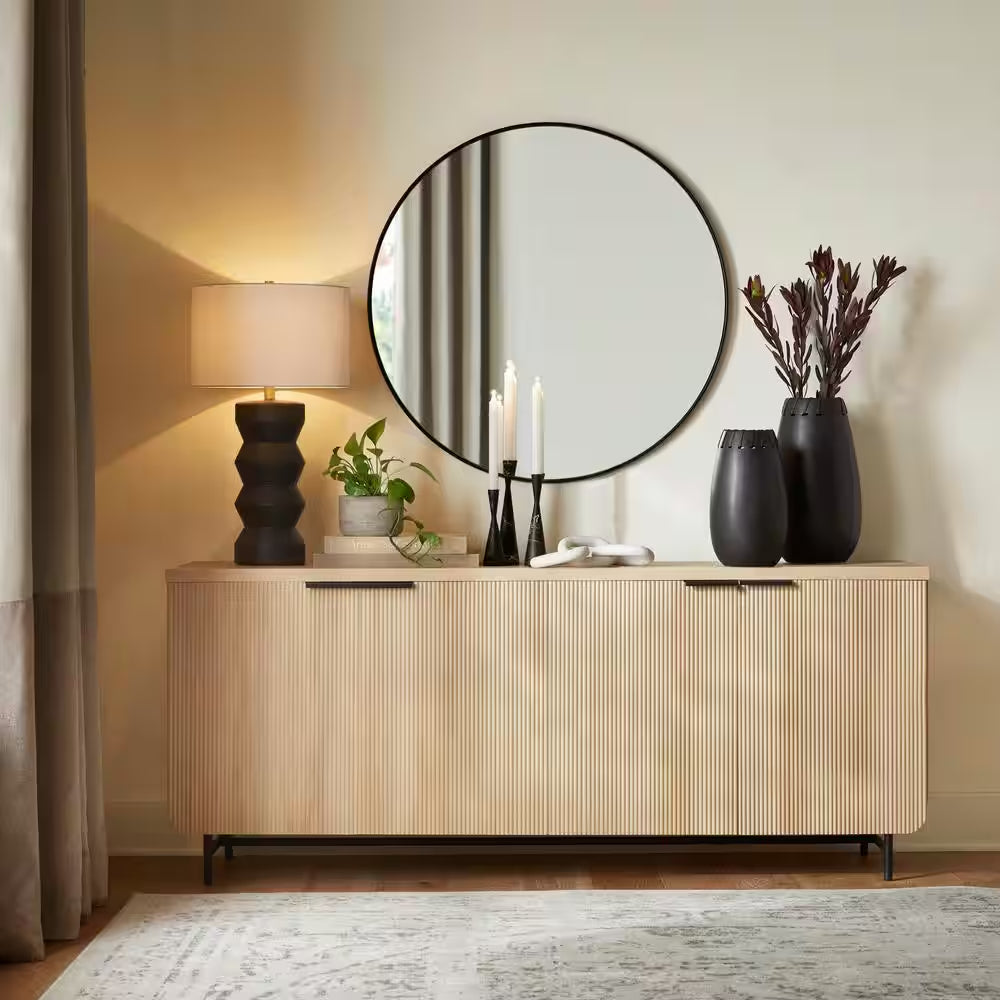 Coastal Oak MDF Wood and Metal 69 In. Modern Reeded 4-Door Sideboard