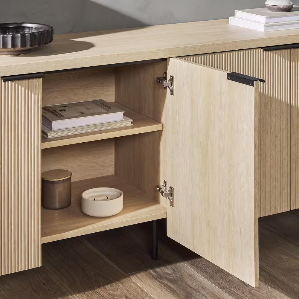 Coastal Oak MDF Wood and Metal 69 In. Modern Reeded 4-Door Sideboard
