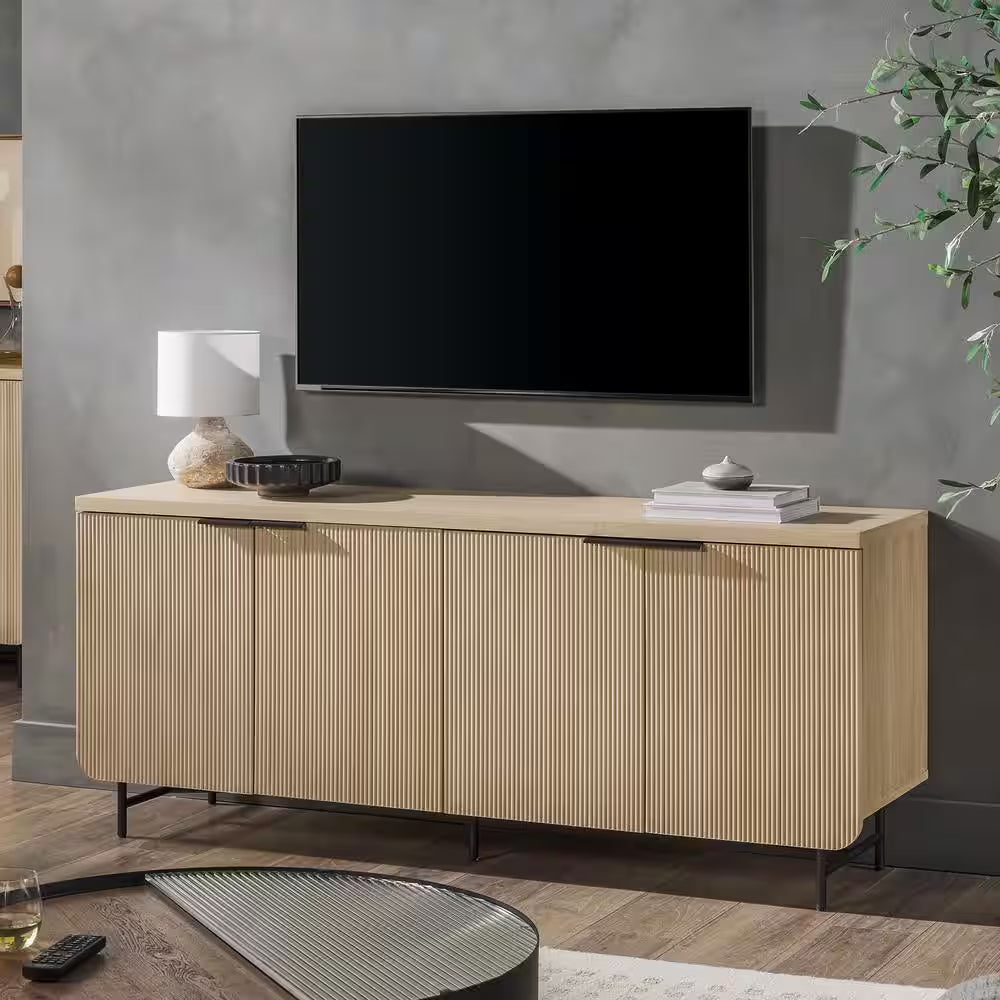 Coastal Oak MDF Wood and Metal 69 In. Modern Reeded 4-Door Sideboard