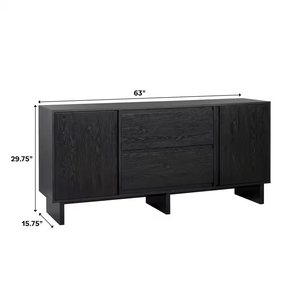 Modern Black Wood 63 In. Sideboard with Beveled Drawer Fronts