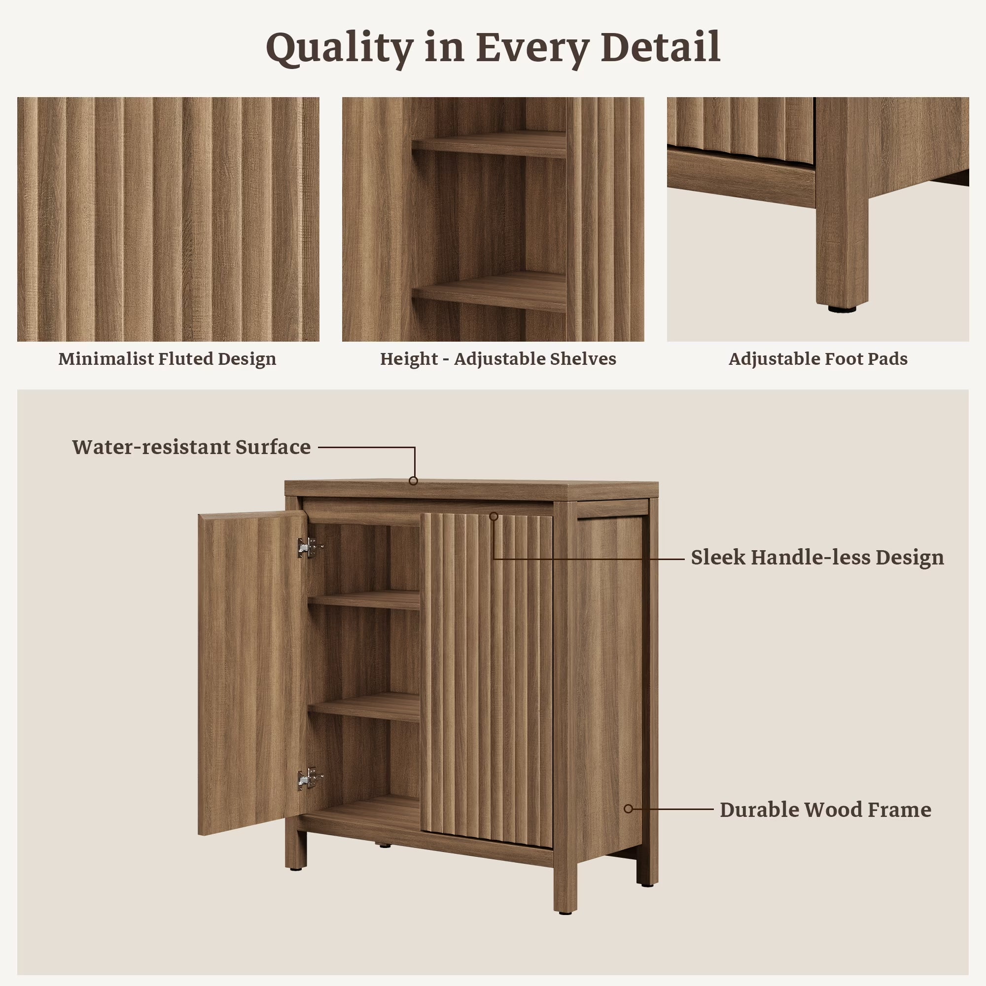 29.1"W Mid Century Modern Sideboard Buffet Cabinet with Fluted Doors, Small Farmhouse Credenza with Adjustable Shelves Modular Storage Cabinets for Dining Room, Living Room, Walnut