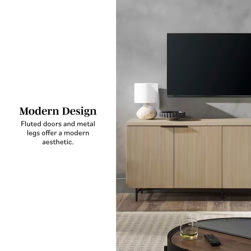 Coastal Oak MDF Wood and Metal 69 In. Modern Reeded 4-Door Sideboard