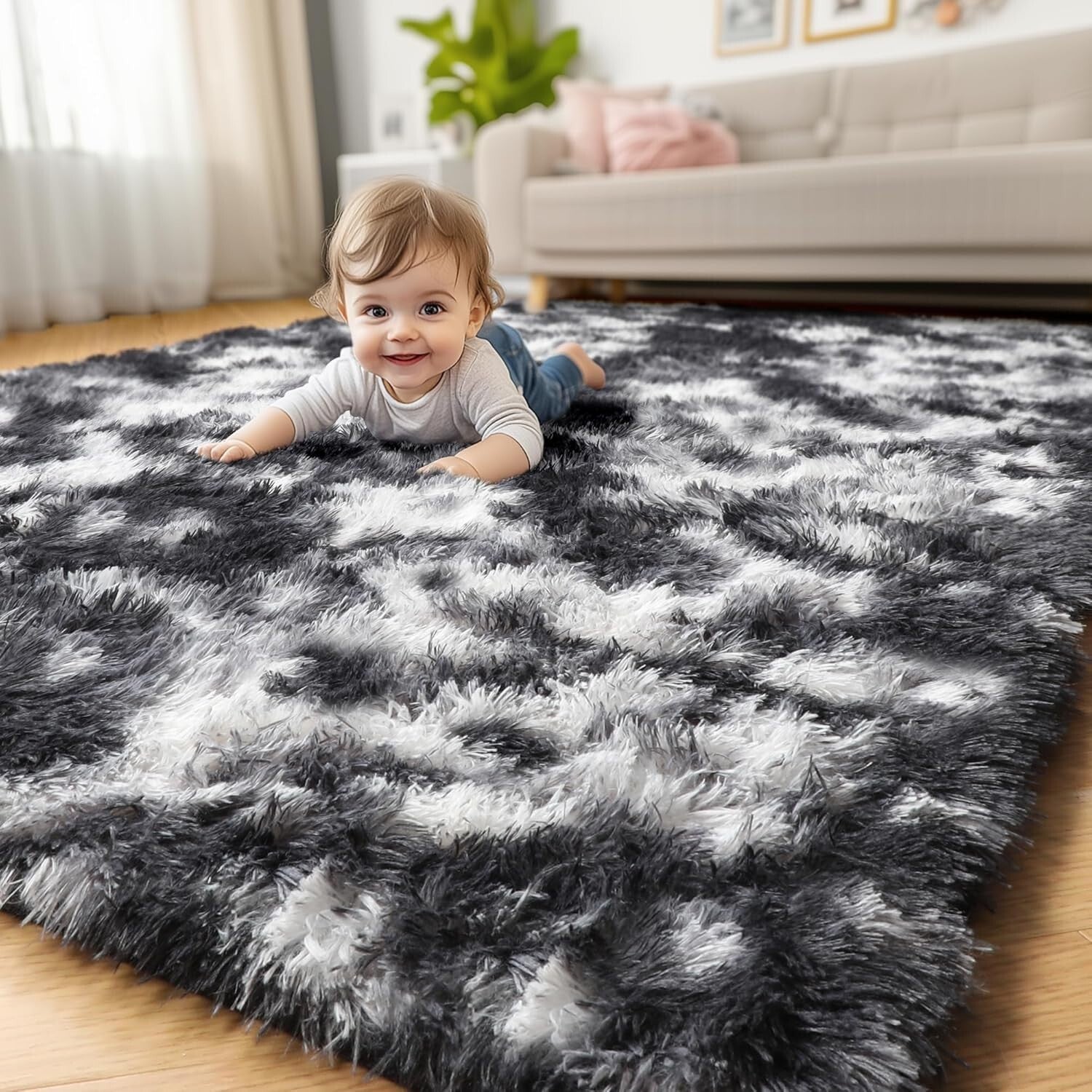 Area Rug for Bedroom,Fluffy Modern Rug for Living 4X6 Feet Black White Grey