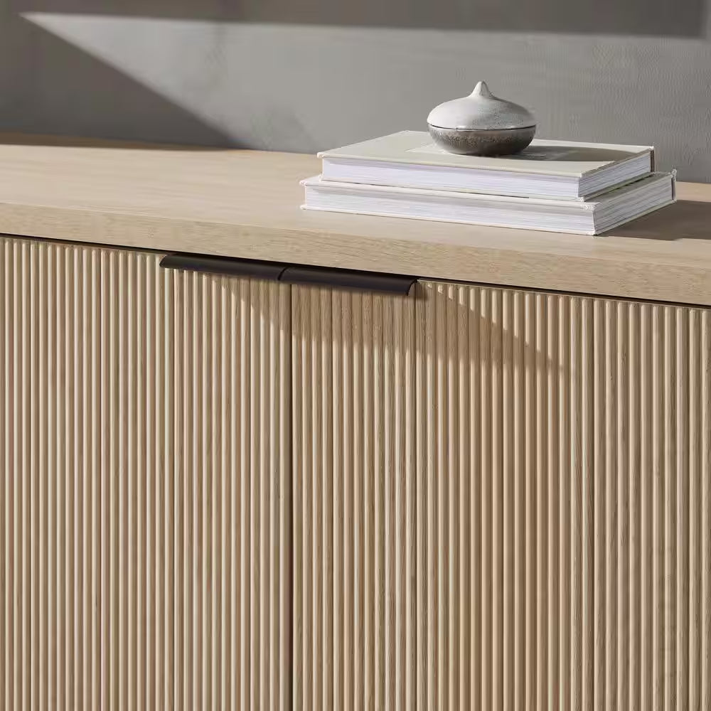 Coastal Oak MDF Wood and Metal 69 In. Modern Reeded 4-Door Sideboard